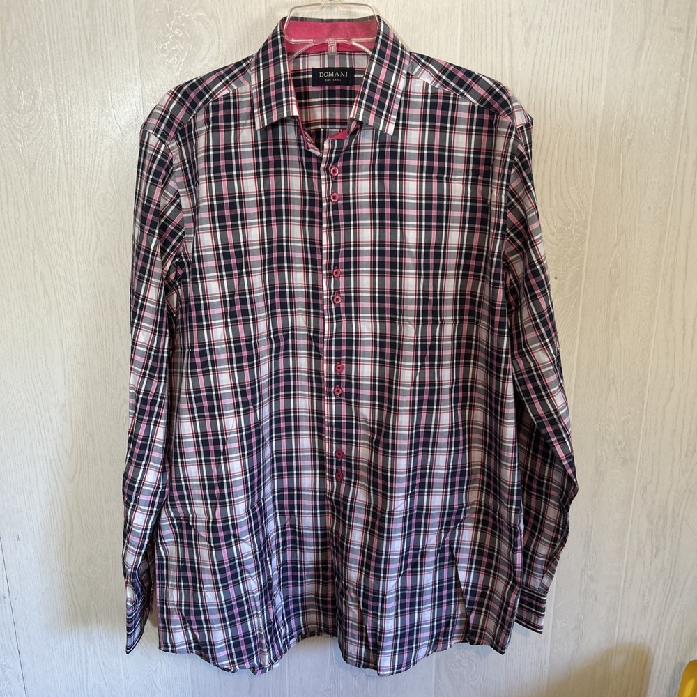 Domani Blue Label Large 34/35 Plaid Navy Shirt